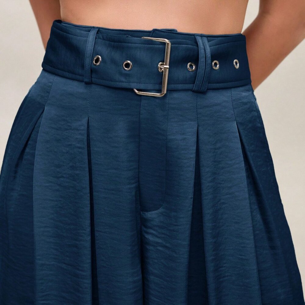 Blue Casual Women's High-Waisted Satin Pleated Wide Leg Elegant Long Pants - Picture 3 of 6